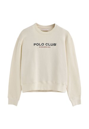 Felpa beige chiaro con collo a giro, maniche lunghe e design corto; presenta la scritta "POLO CLUB" e "FONDATO NEL 2012" in testo blu navy e rosso.