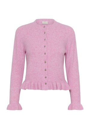 Roza kardigan s dugim rukavima i okruglim izrezom, metalnim gumbima sprijeda, naboranim rubom i manšetama, izrađen od mekanog vunenog pletenog materijala.