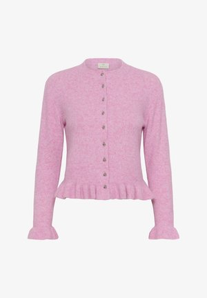 Roza kardigan s dugim rukavima i okruglim izrezom, metalnim gumbima sprijeda, naboranim rubom i manšetama, izrađen od mekanog vunenog pletenog materijala.