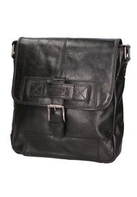 Borsa a tracolla in pelle nera con patta, hardware argento, dettagli cuciti e tasca frontale. Caratterizzata da una sola tracolla regolabile.