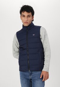 Veste matelassée marine avec un col haut, fermeture éclair sur le devant et matelassage horizontal. Portée par-dessus une chemise à manches longues grise, avec un logo subtil sur la poitrine.