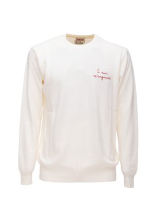 Maglione crema in morbido tessuto, con maniche lunghe e scollo rotondo. Testo rosso ricamato sul davanti per un tocco di stile.