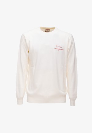 Maglione crema in morbido tessuto, con maniche lunghe e scollo rotondo. Testo rosso ricamato sul davanti per un tocco di stile.