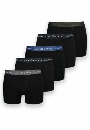 Czarny zestaw pięciu bokserków z elastycznymi paskami w kolorze szarym, zielonym i niebieskim. Gładka tekstura, długość do połowy uda, minimalistyczny design.
