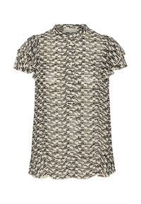 Blusa leggera a maniche corte color crema con motivo astratto nero. Presenta un colletto alzato e dettagli arricciati sulle maniche. Chiusura con bottoni davanti.