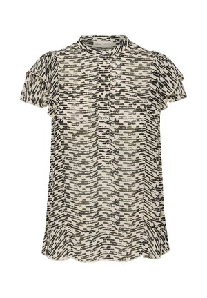 Viegls, īsām piedurknēm blūze krēmkrāsā ar melnu abstraktu rakstu. Tam ir stāvoša apkakle un viļņotas akcentu detaļas uz piedurknēm. Pogājamā priekšpuse.