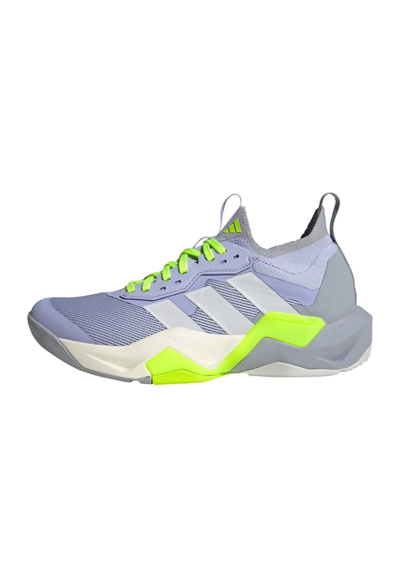 Sport shoe featuring a gray and lavender mesh upper, white stripes, bright green laces, and a textured sole with a distinctive shape.