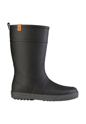 Black mid-calf rubber rain boot with textured sole, pull tab, and small tan leather logo tag near the top edge on a white background.