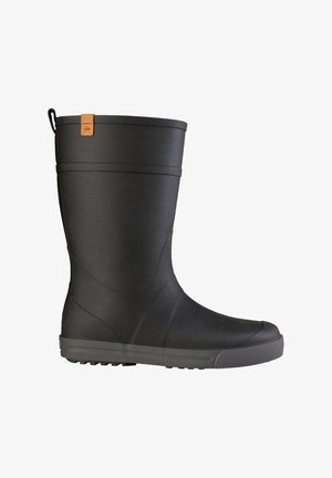 Black mid-calf rubber rain boot with textured sole, pull tab, and small tan leather logo tag near the top edge on a white background.