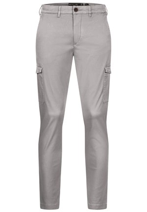 Lys grå slim-fit cargobukser med beltestropper, frontknapp, glidelås og klaffelommer på begge lår.