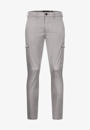 Lys grå slim-fit cargobukser med beltestropper, frontknapp, glidelås og klaffelommer på begge lår.