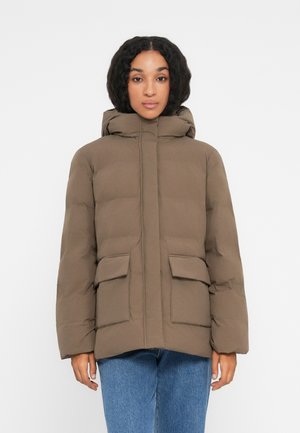Veste rembourrée marron avec col montant et capuche. Comprend deux poches avant et une texture lisse, mate. Design matelassé uniforme.