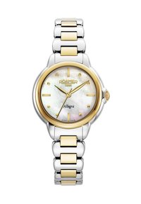 Reloj Round Roamer con un dial de nácar, acentos dorados y una correa de acero inoxidable en plata y oro. Presenta marcadores de hora numerados.
