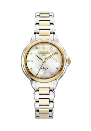 Orologio Round Roamer con quadrante in madreperla, dettagli dorati e cinturino in acciaio inossidabile argento e oro. Presenta indicatori per le ore numerati.