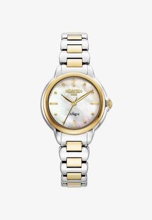 Hodinky Round Roamer s ciferníkom z perlete, so zlatými akcentmi a nerezovým remienkom strieborných a zlatých odtieňov. Obsahujú číslované hodiny.