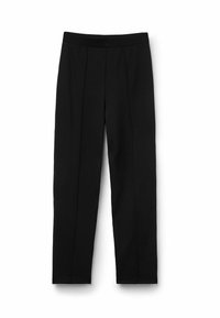 Zwarte broeken met een gladde textuur, voorzien van een getailleerde pasvorm, rechte pijpen en subtiele voorplooien. Elastische tailleband voor comfort.