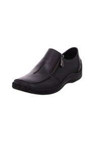 Schwarzer Leder-Schlupfschuh mit einem seitlichen Reißverschluss, geschwungener Form, strukturierten Details an der Zehe und einer kontrastierenden genähten Naht.