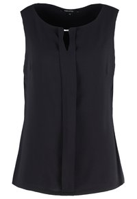 Bezramionowy czarny top wykonany z gładkiego materiału, z okrągłym dekoltem z wycięciem w kształcie dziurki oraz delikatnym plisowaniem z przodu.