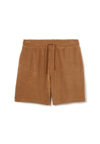 Pantalones cortos de toalla marrón con cinturilla elástica y cordón, con bolsillos laterales y un ajuste relajado. Textura suave en toda la prenda.