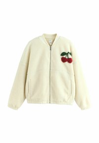 Cream fleece bomber jacket with a front zipper, side pockets, and red cherry embroidery with green leaves on the left chest area.