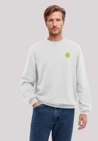 White sweatshirt with a crew neck, featuring a small green tennis ball graphic on the chest. Soft fabric and relaxed fit, with long sleeves.