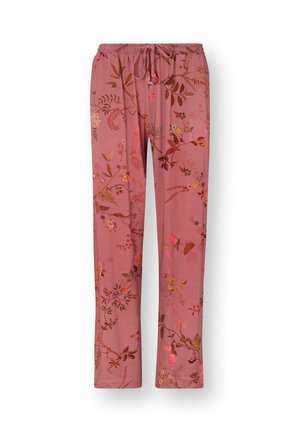 Roze broek met trekkoord en een bloemenpatroon met takken, bladeren en kleine bloemen in verschillende tinten oranje, geel en bruin.