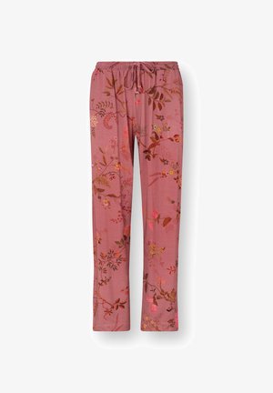 Pink drawstring pants with a floral pattern featuring branches, leaves, and small flowers in various shades of orange, yellow, and brown.