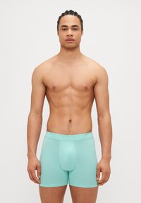 Boxeri scurți de culoare verde mentă, cu o textură netedă, având un logo Calvin Klein pe brâu și un design care se potrivește perfect.