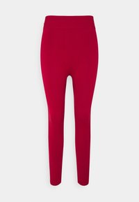 Leggings rossi realizzati in tessuto elasticizzato, con vita alta e gambe affusolate, dalla superficie liscia e senza motivi visibili.