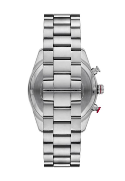Montre-bracelet en acier inoxydable avec finition brossée, dotée d'un bracelet à maillons et de deux accents rouges sur la couronne et les boutons-poussoirs.