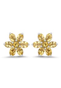 Yellow gemstone flower-shaped earrings with pear-cut stones, set in silver. Features six outer petals and a central stone, polished finish.
