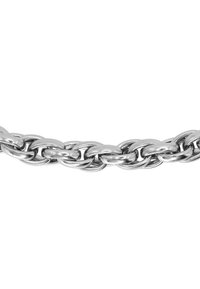 Catena in metallo con superficie lucida e brillantinata. Presenta anelli ovali interconnessi, spessore uniforme e una texture liscia in tutto il suo sviluppo.