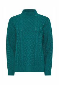 Türkisfarbener Strickpullover mit hohem Rippkragen, komplizierten Kabelmustern und langen Ärmeln mit Rippbündchen und -saum.