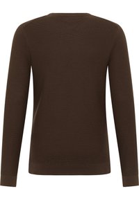 Pull à manches longues marron en tissu côtelé, doté d'un col rond et d'une couleur unie sans motifs ni ornements.