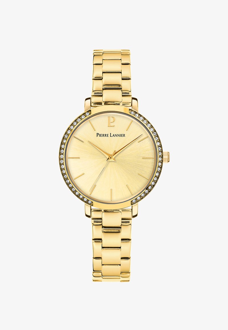 Guld-tone håndledsur med et linked armbånd, rund kasse, struktureret gylden urskive og krystalaccenter rundt om bezel. Mærke: Pierre Lannier.