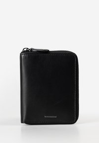 Black leather wallet with a zip closure, square shape, smooth texture, and subtle stitching details. Features a branded metal accent.