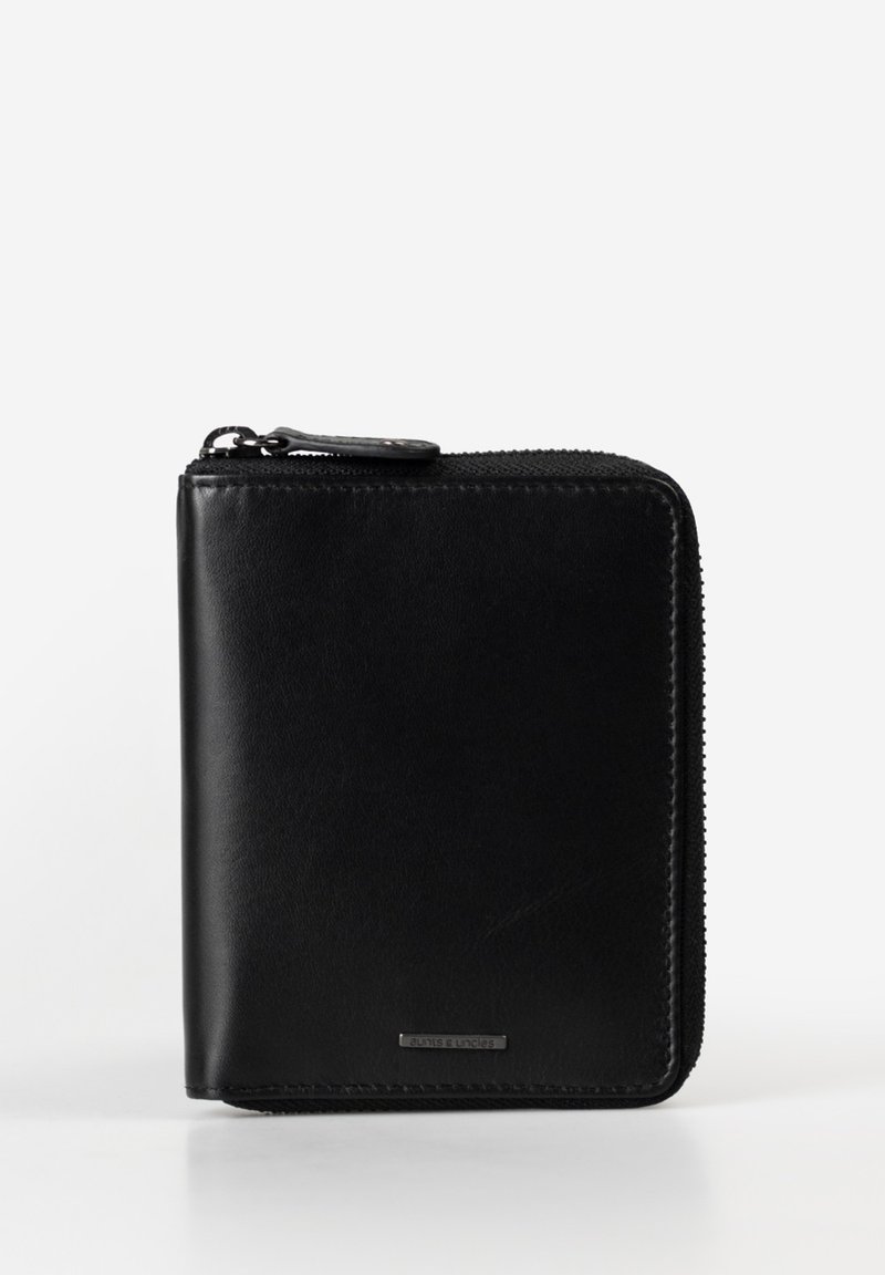 Black leather wallet with a zip closure, square shape, smooth texture, and subtle stitching details. Features a branded metal accent.