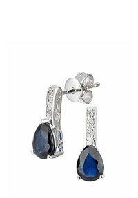 Pendientes de plata en forma de gota con piedras preciosas azules en forma de pera, realzados con pequeñas piedras claras en el cierre de palanca. Brillo y diseño intrincado.