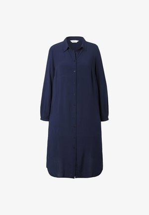 Navy blue button-up dress in lightweight fabric, featuring a collared neckline, long sleeves, and a straight silhouette with side slits.