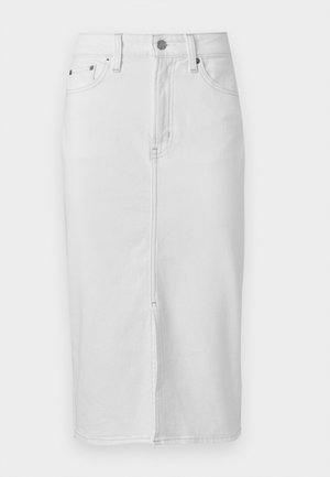 Fehér térd hosszúságú farmerszoknya elülső varrással, övbemélyedésekkel, gombbal és két elülső zsebbel.