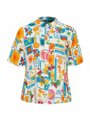 Kurzärmeliges Hemd mit Knopfleiste und bunten, tropischen sowie fruchtbezogenen Mustern, darunter Sonnen, Wassermelonen, Orangen, Seesterne und Palmen.