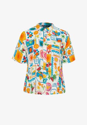 Camisa de manga corta con botones y estampados coloridos de temática tropical y frutas que incluyen soles, sandías, naranjas, estrellas de mar y palmeras.