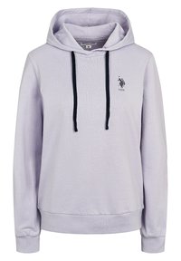 Světle fialová mikina s kapucí vyrobená z měkké látky, s přední klokankovou kapsou, šňůrkami, žebrovanými manžetami a malým vyšitým logem.