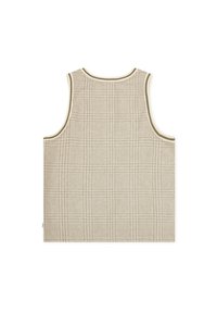 Gilet sans manches beige avec un motif à carreaux subtil et une bordure marron clair contrastante autour du col et des emmanchures.