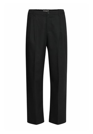 Črne hlače iz tkanine z gladko teksturo, z ravnim krojem, naborki spredaj in elastičnim pasom.