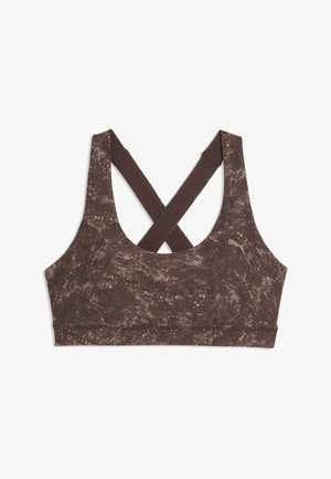 Brassière de sport marron avec une texture marbrée, dotée de bretelles croisées dans le dos et d'un petit logo sur le côté. Matière douce et extensible.