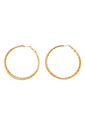 Paar gouden gedraaide creooloorbellen met terugklapbare sluitingen op witte achtergrond.