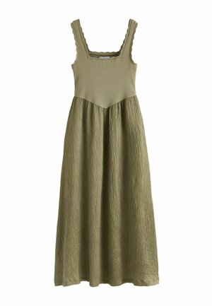 Sukienka bez rękawów w kolorze oliwkowej zieleni, z prążkowanym, dopasowanym gorsetem, karbowanym kwadratowym dekoltem i teksturowaną, zwiewną spódnicą.