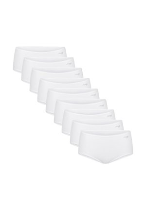 Dix culottes blanches pour femmes de style hipster disposées en diagonale, chacune avec un petit logo "Sloggi" sur la ceinture.