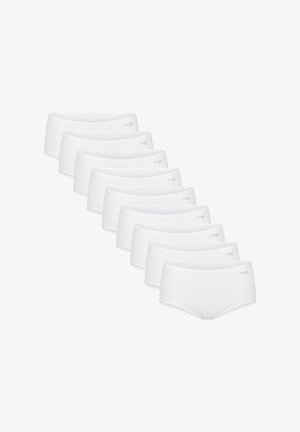 Dziesięć białych damskich majtek typu hipster ułożonych ukośnie, każda z małym logo "Sloggi" na pasie.